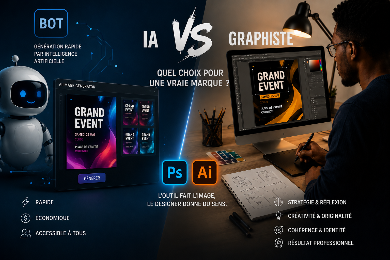 Affiches générées par IA vs affiches créées par un graphiste : quel choix pour une vraie entreprise ?